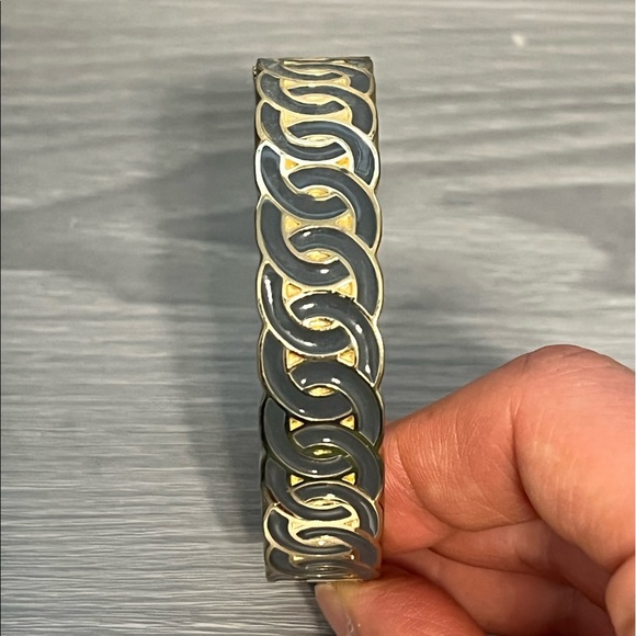 Vintage Gold and Gray Enamel Hinged Bangle Bracelet with Circular Pattern - Picture 3 of 6